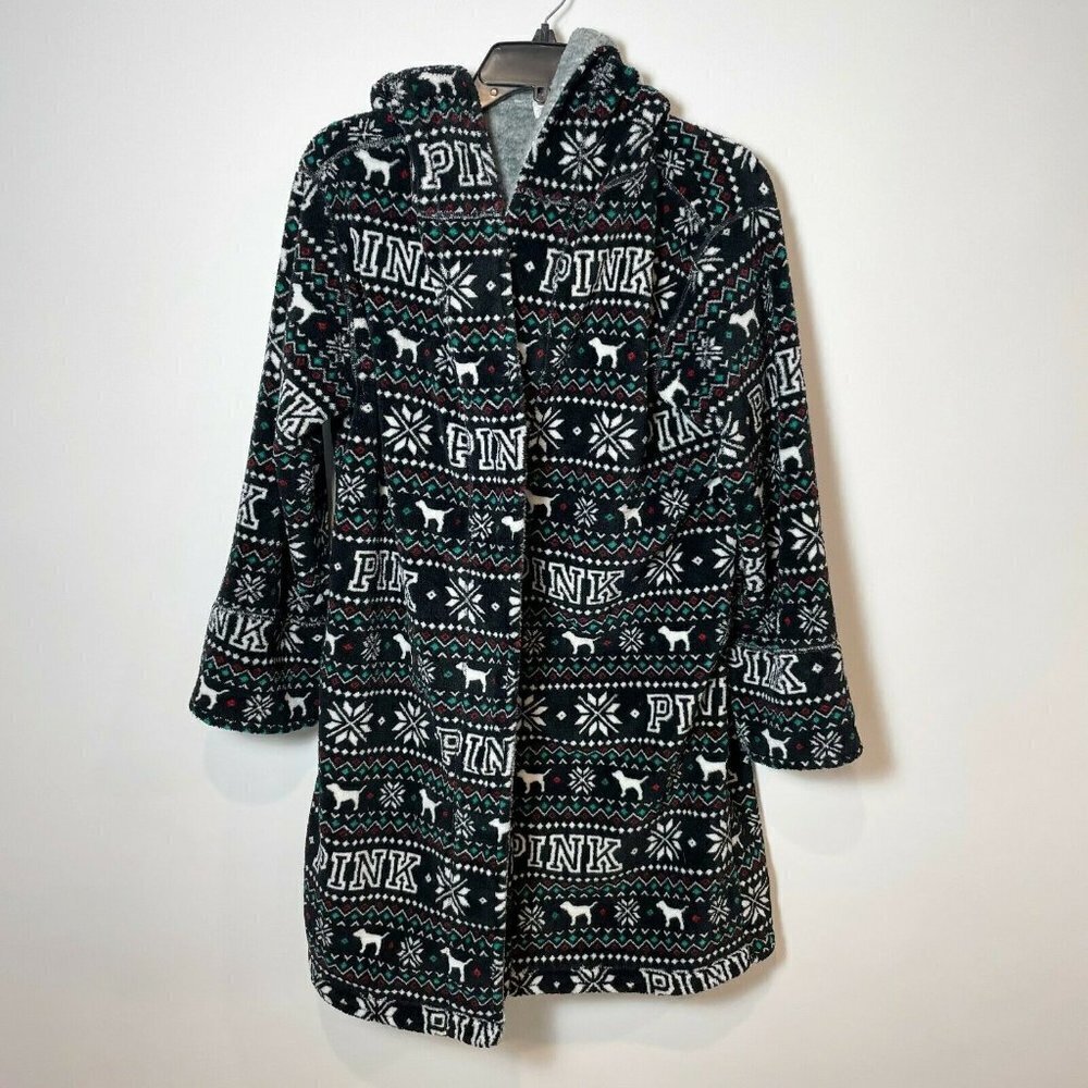 Victoria's Secret PINK Reversible Robe Black XS Hooded Plush Fair Isle‎ Fleece